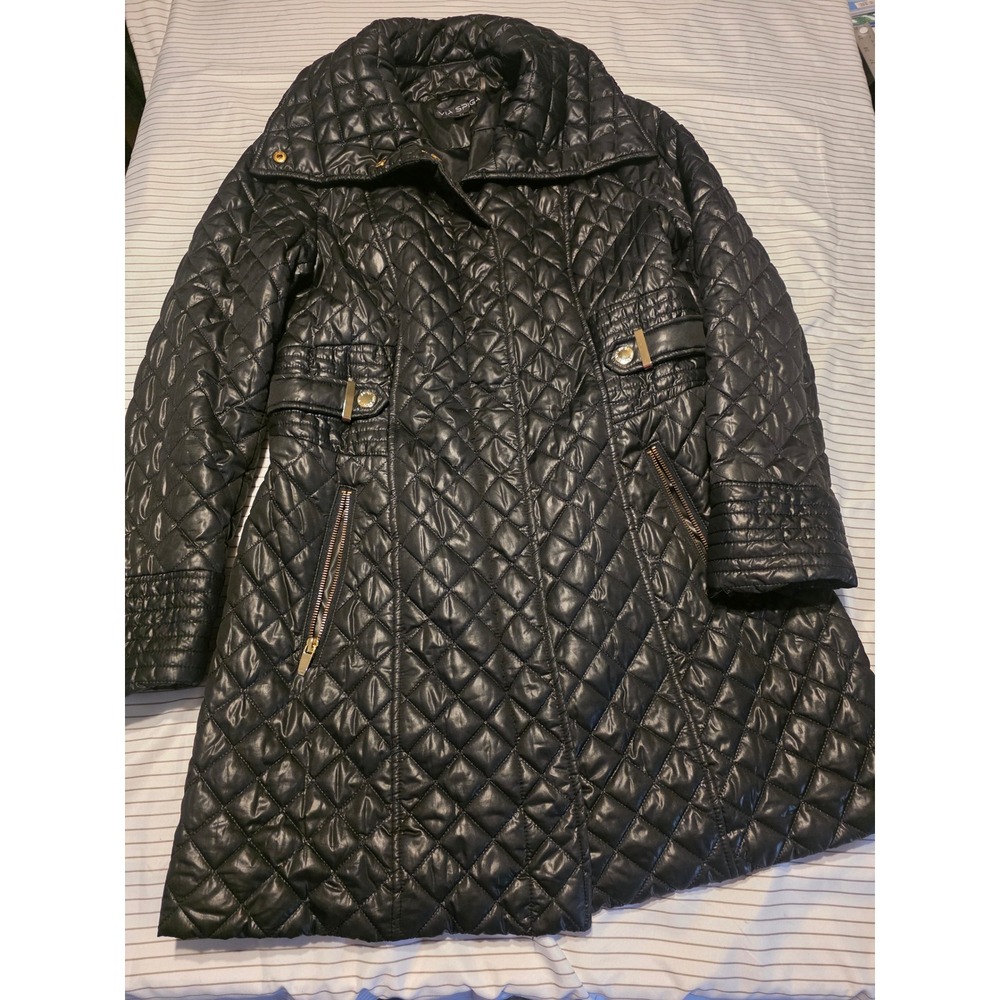 1061 Via Spiga Womens Black Diamond Quilted Mid Length Coat Gold Hardware Size M